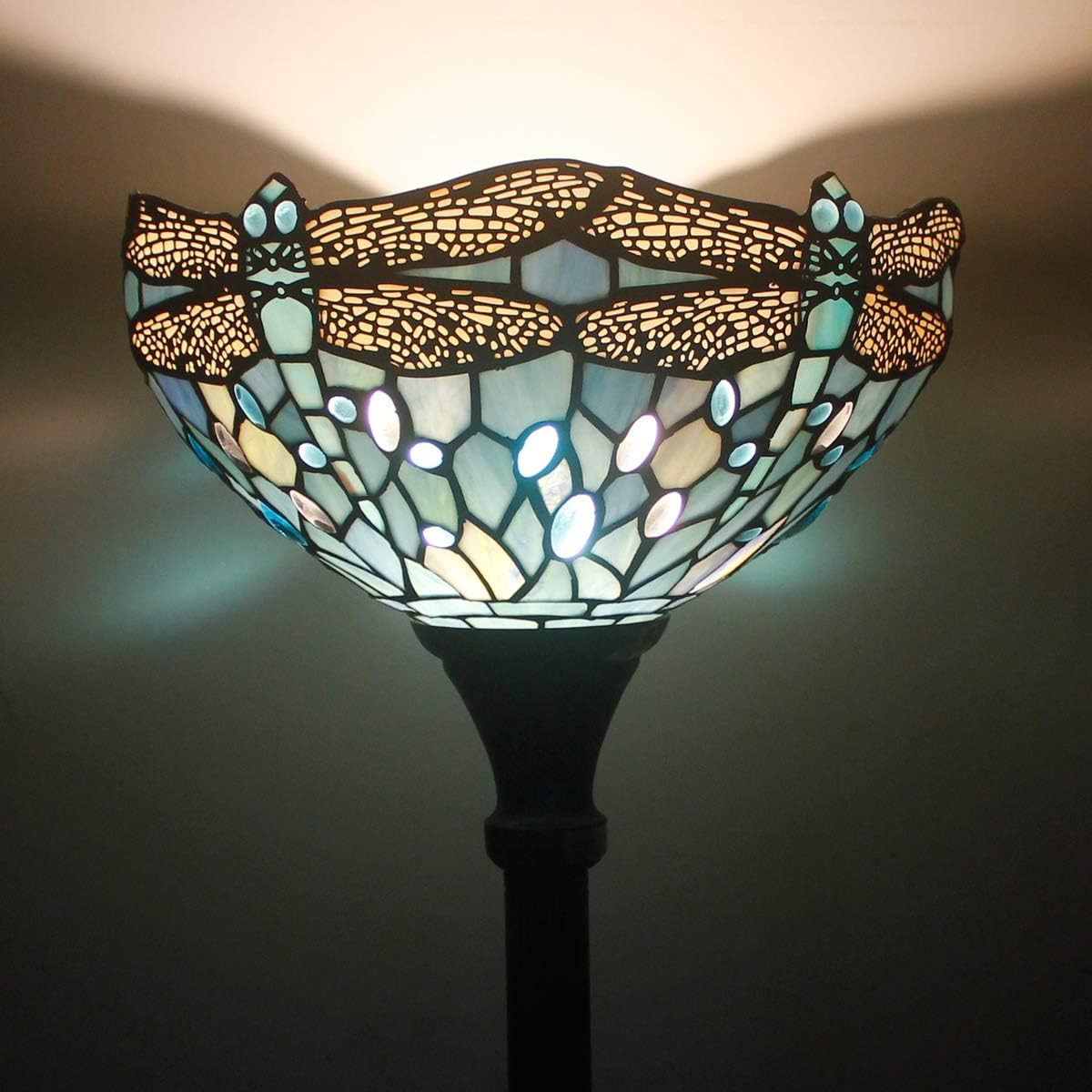 WERFACTORY Tiffany Floor Lamp Sea Blue Stained Glass Dragonfly Light 12X12X71 Inches Pole Torchiere Standing Corner Torch Uplight Decor Bedroom Living Room Home Office S147 Series