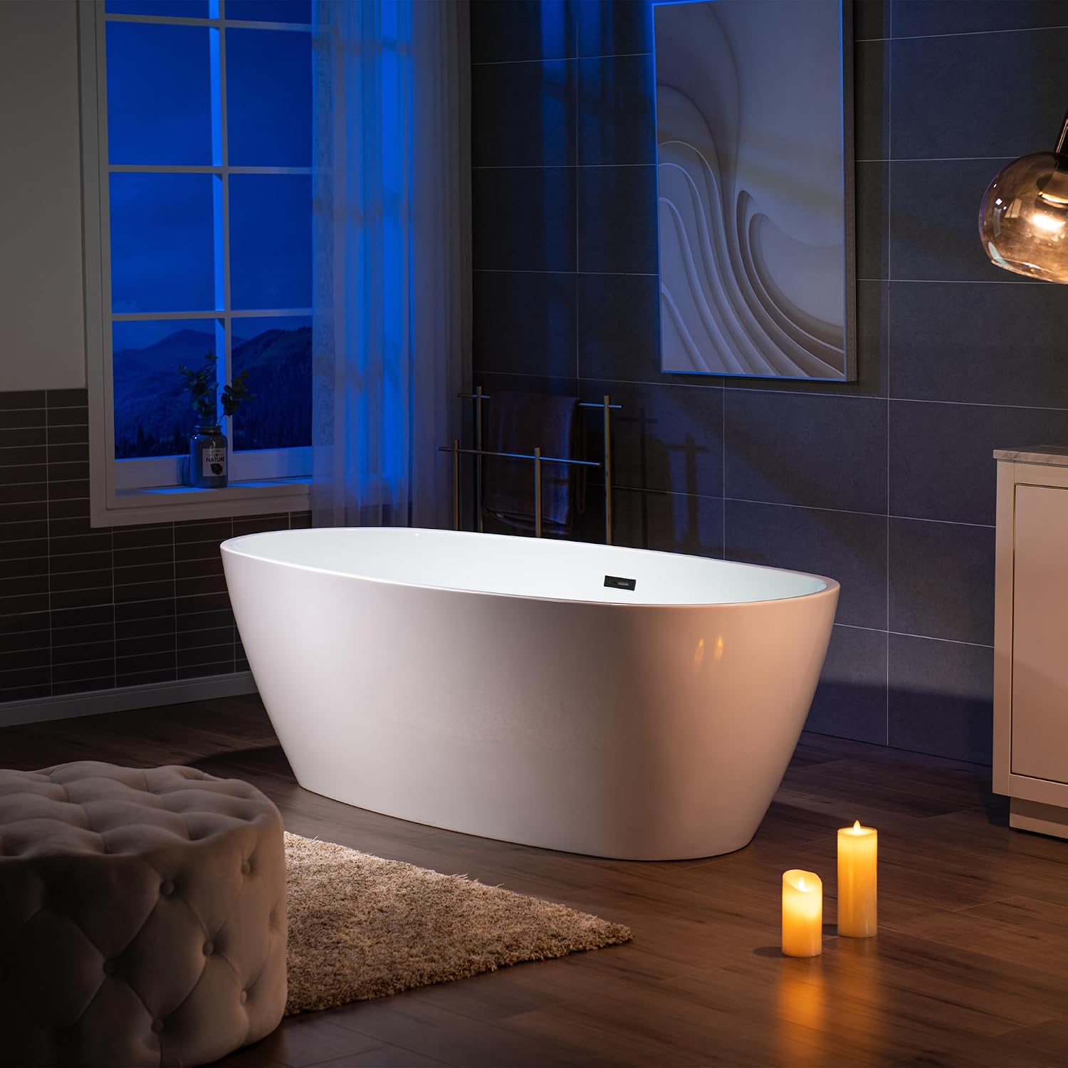 WOODBRIDGE 71' Acrylic Freestanding Bathtub Contemporary Soaking Tub, White Acrylic,Matte Black Drain/Overflow