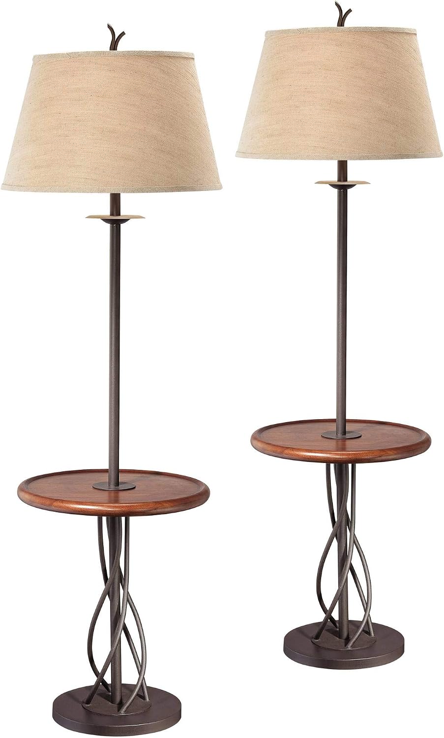 Franklin Iron Works Industrial Modern Floor Lamps Standing with Tray Table 63 1/2' Tall Set of 2 Dark Rust Iron Twist Walnut Wood Linen Bell Shades for Cottage Core Living Room Reading Bedroom