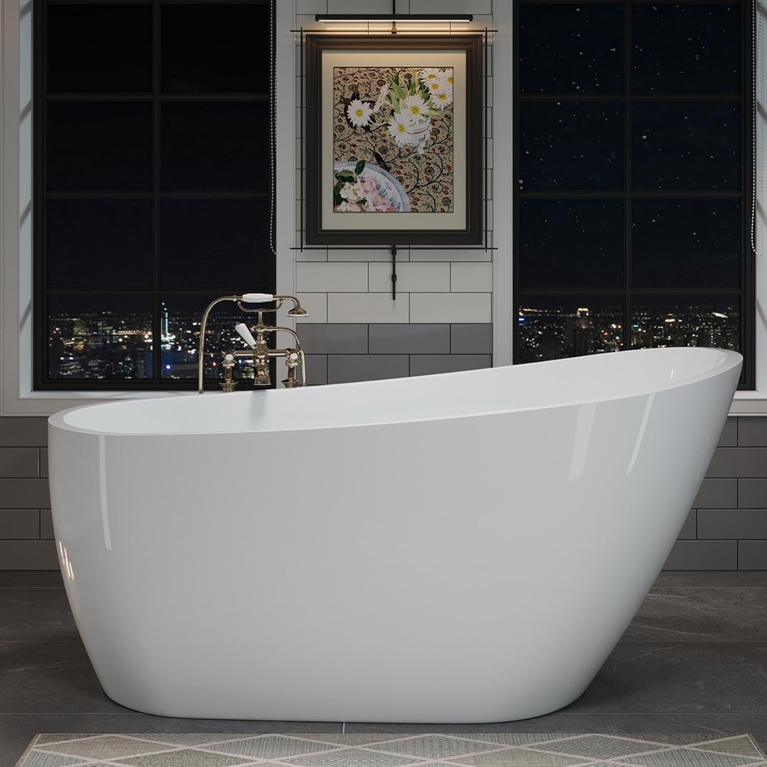 Acrylic Soaking Tub with Pop-up Drain & Integrated Overflow, Freestanding Bathtub with Double-Wall Insulation, Stand Alone Tub, Ergonomic, Easy Install (59')