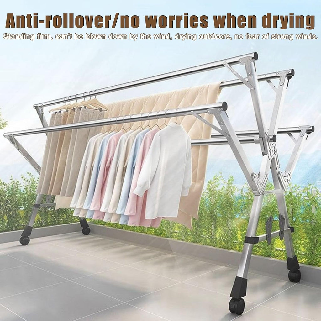 Clothes Drying Rack Foldable 5 Rods Indoor Outdoor Garment Racks - Stainless Steel Standing Dry Racks - Drying Rack for Bed Linen, Clothing, Socks, Shoe,Without Wheels,2M/6.56FT