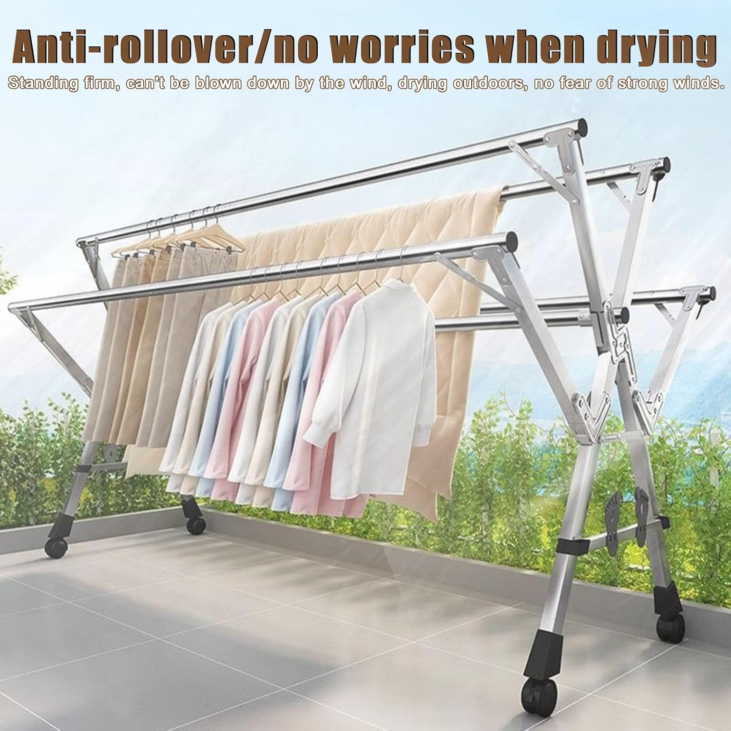 Clothes Drying Rack Foldable 5 Rods Indoor Outdoor Garment Racks - Stainless Steel Standing Dry Racks - Drying Rack for Bed Linen, Clothing, Socks, Shoe,Without Wheels,2M/6.56FT