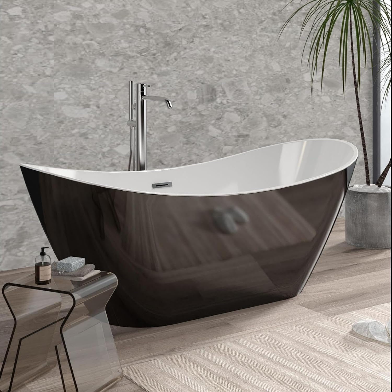 IDEALHOUSE 59' Acrylic Freestanding Bathtub Contemporary, Soaking Tub, CUPC Certified Stand Alone Tub with Non-Slip Base, Chrome Drain & Overflow, for Home Spa Relaxation(Black-Sky)