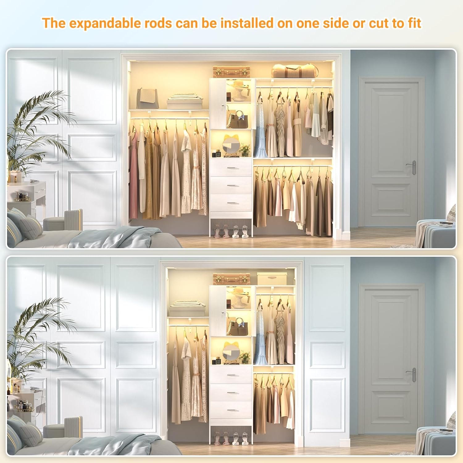 Armocity 96 Inches Closet System with Doors, 8FT Walk In Closet Organizer with 3 Shelving Towers, Heavy Duty Clothes Garment Rack with 3 Wood Drawers, 96' L x 16' W x 80' H, Max Load 1000 LBS, White