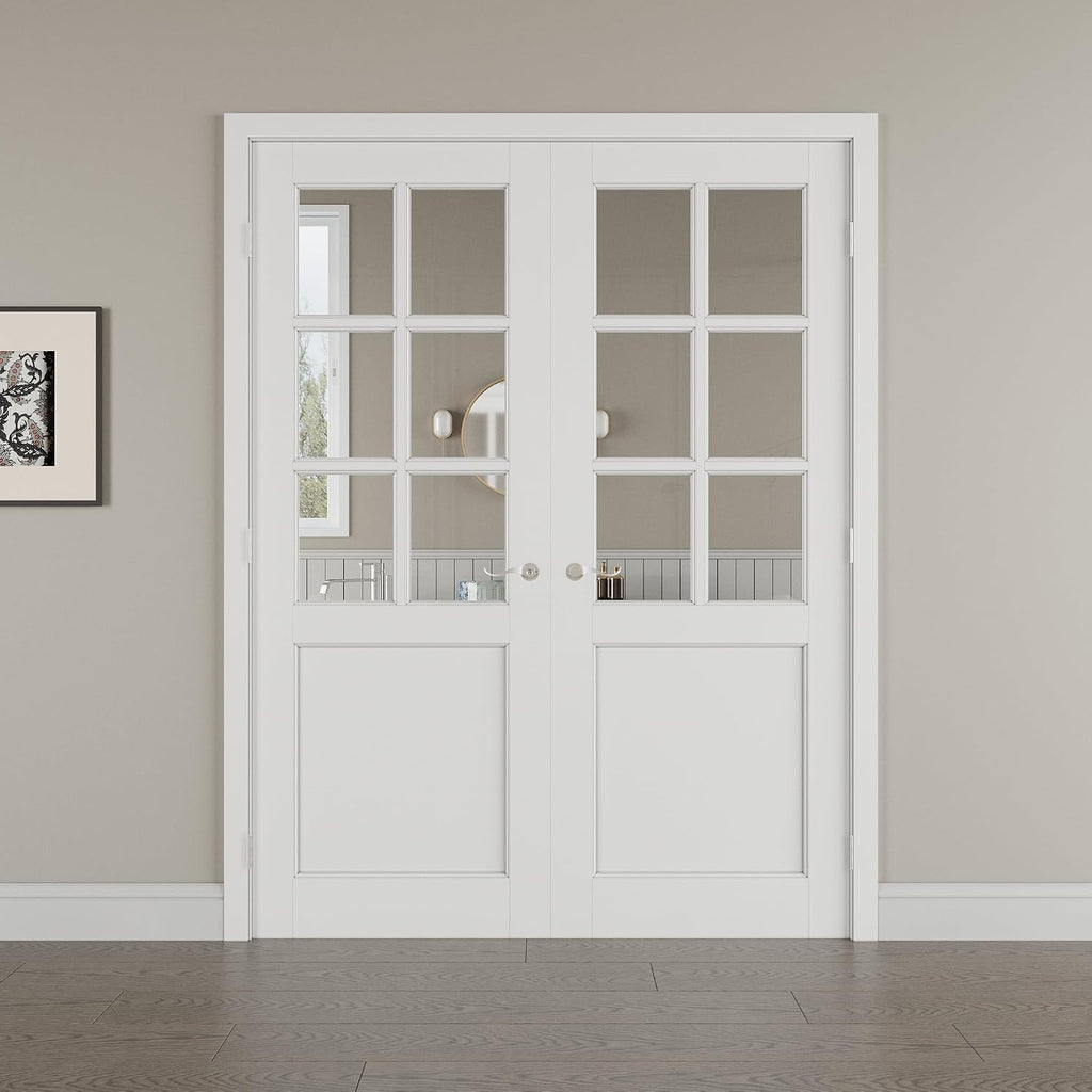 60' x 80' French Doors Interior (Double 30' x 80' 6-Lite Clear Glass Door with Silver Hinge Prehung Jamb Kit), Pre-Finished & Paintable, Prebuilt Home Door Panels & Assembly Required Jamb