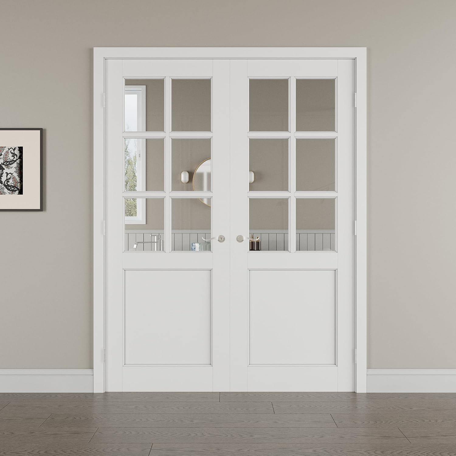 72' x 80' French Doors Interior (Double 36' x 80' 6-Lite Clear Glass Door with Silver Hinge Prehung Jamb Kit), Pre-Finished & Paintable, Prebuilt Home Door Panels & Assembly Required Jamb
