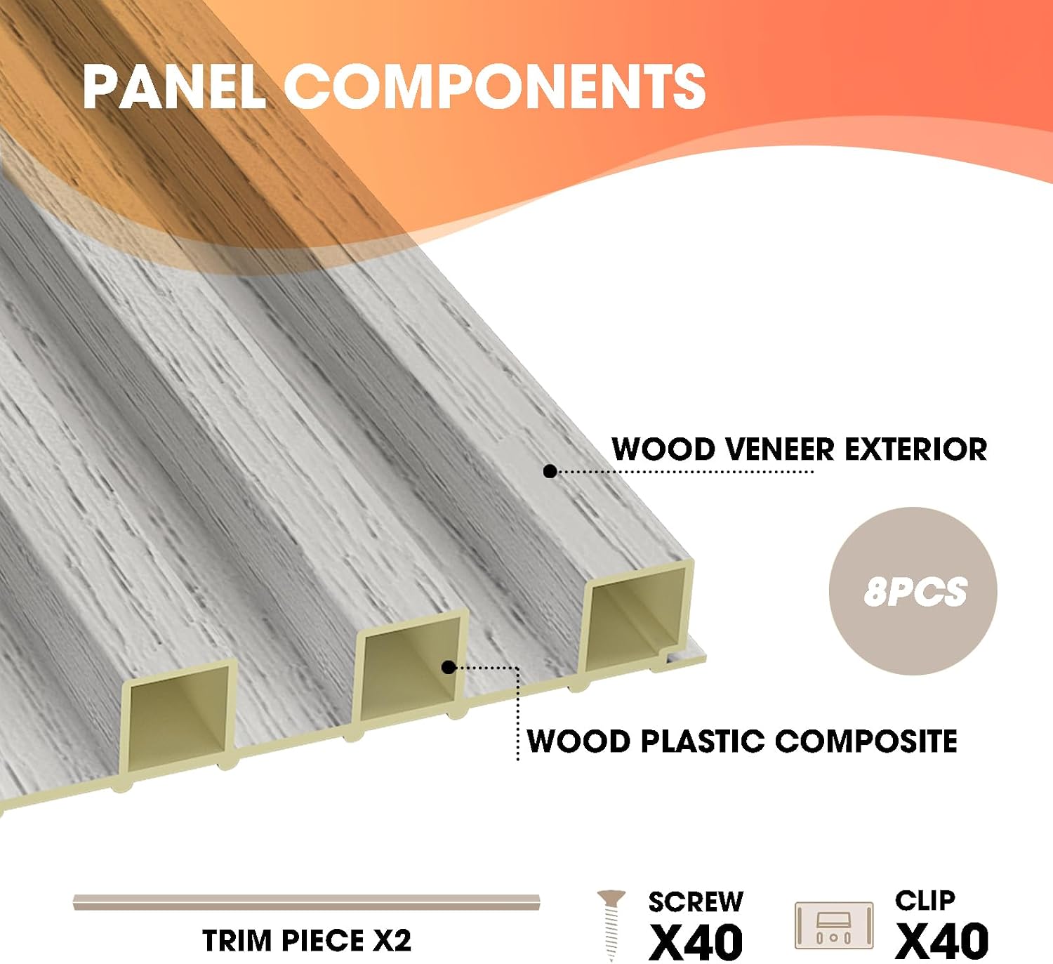 OUZUGIE WPC Acoustic Slat Wall Paneling, 8-Pack 96 x 6 Inches 3D Wall Panels for Interior Wall Decor,Living Room,TV Background,Study Room,Office Spaces,Bedroom,High Grille (Grey)