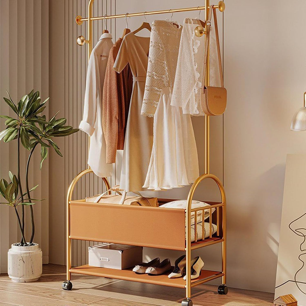 3-in-1 Metal Clothes Rack, 173cm Heavy Duty Glod Rolling Garment Rack with PU leather Basket Clothes Racks for Hanging Clothes Clothes Storage and Display