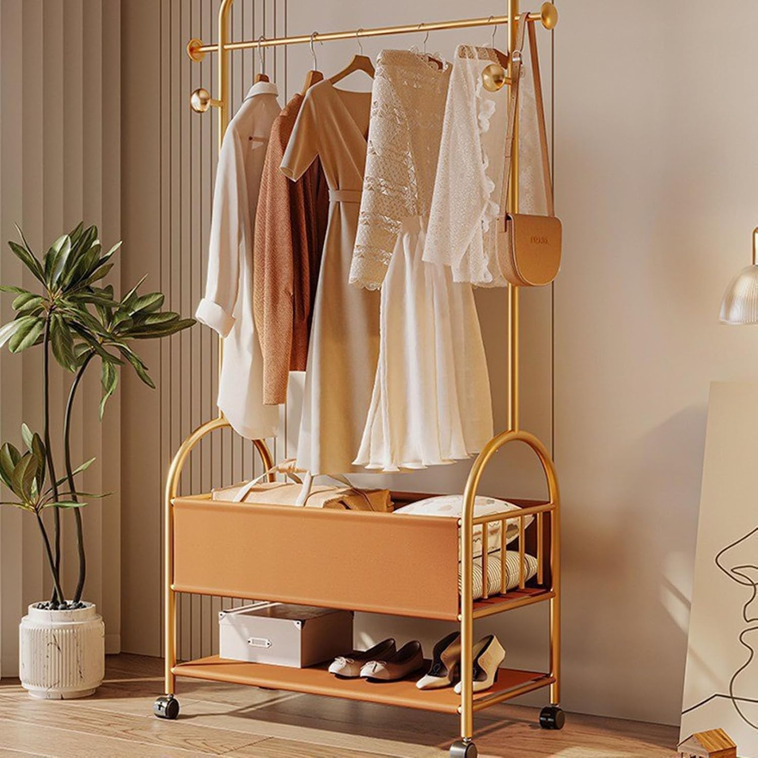 3-in-1 Metal Clothes Rack, 173cm Heavy Duty Glod Rolling Garment Rack with PU leather Basket Clothes Racks for Hanging Clothes Clothes Storage and Display