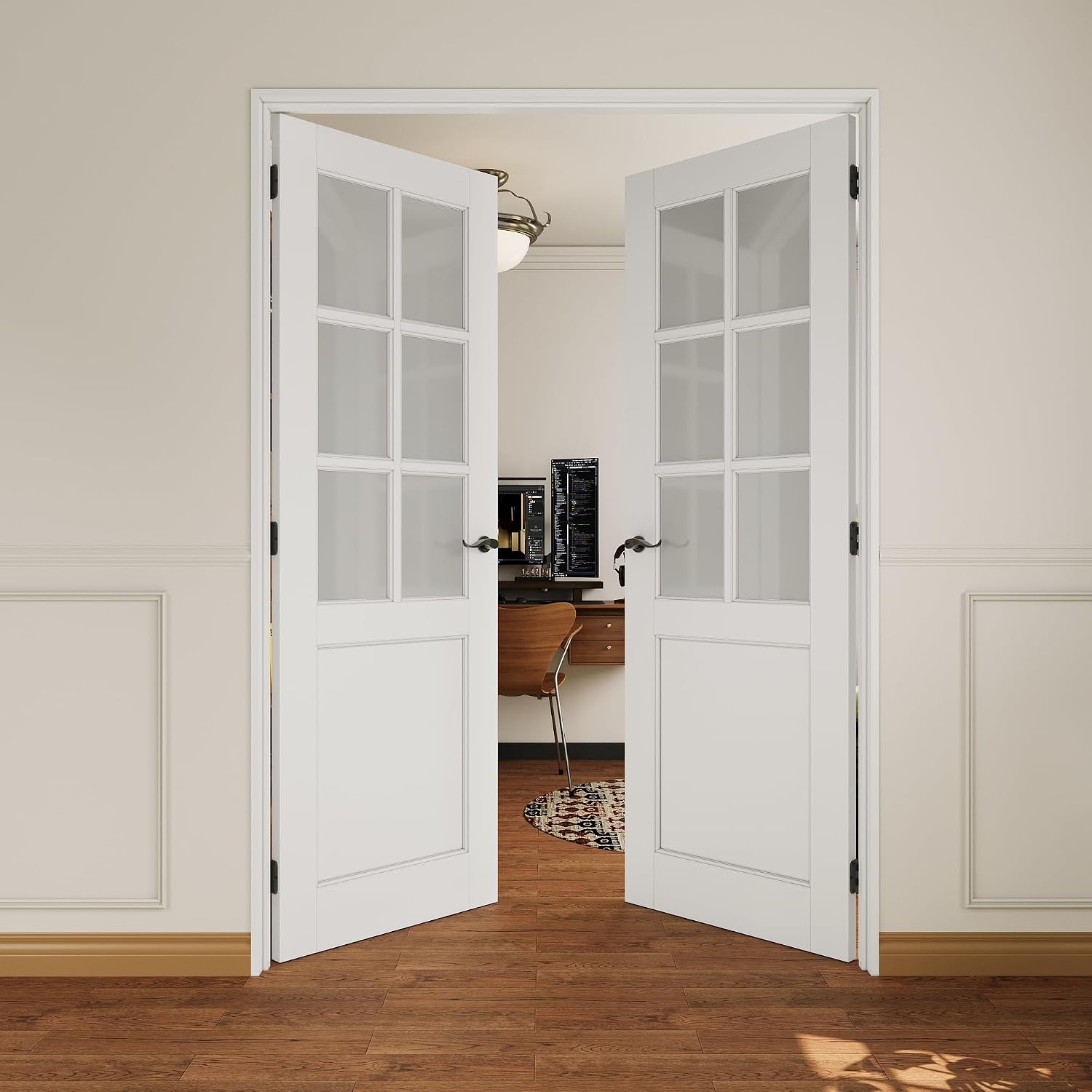 French Door 56' x 80' (Double 28' x 80') 6-Lite Frosted Glass Door Slabs with Pre-Hung Jamb, Black Hinges, Levers and Latch, White Primed, French Interior Doors with Frame, Swing Double Bedroom Doors
