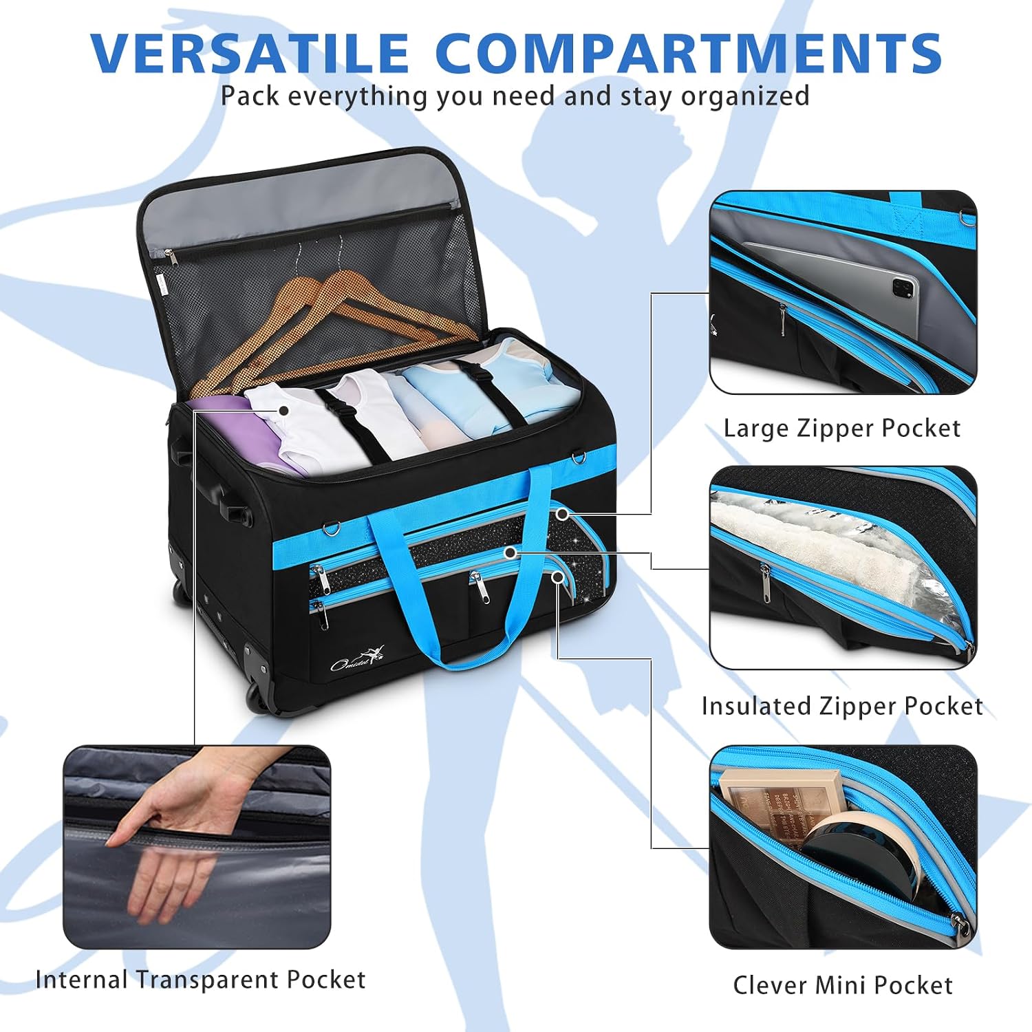 Dance Bag with Garment Rack, 23' Rolling Dance Suitcase Competition Duffle Bag with Garment Rack & Wheels | Versatile Compartments, Upgraded Stable System for Dance Shows, Travel, Cheer, Recital