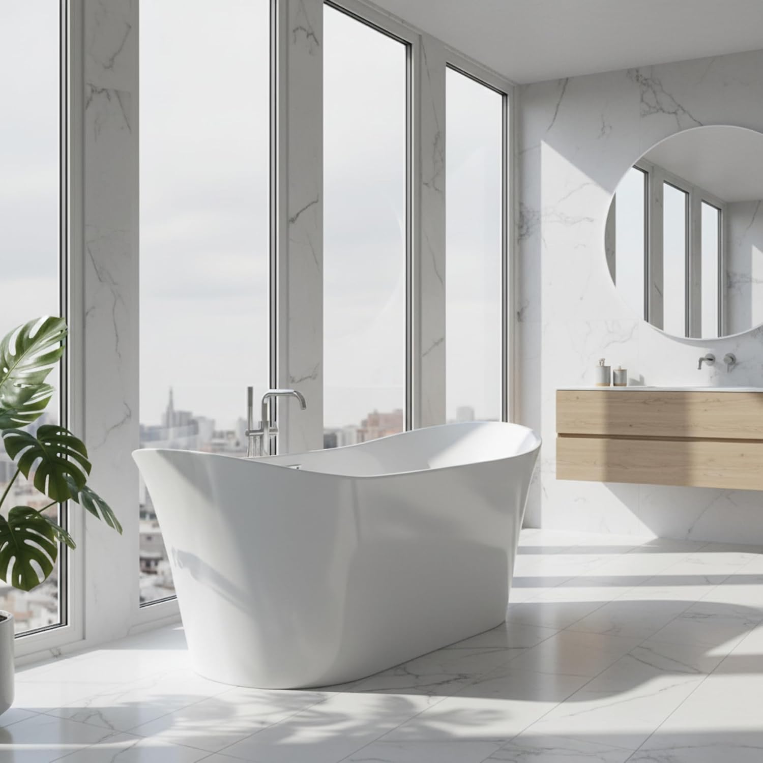 Bergamo 67' Freestanding Acrylic Bathtub with Chrome Drain, Glossy White Seamless Soaking Tub, Fiberglass Reinforced with Leveling Legs, 46 Gal Capacity