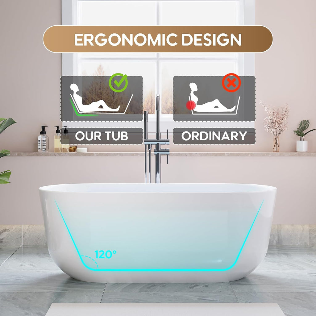 WELLFOR 60-Inch Freestanding Acrylic Bathtub with Chrome Bathtub Drain and Integrated Slotted Overflow, Freestanding Glossy White Soaking Bathtub, Acrylic Soaking Tub (Glossy White)