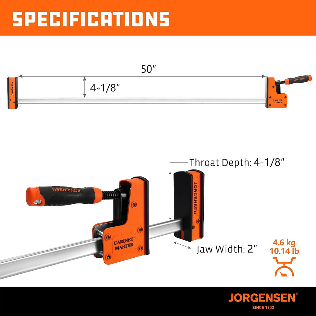 JORGENSEN 50-Inch Parallel Bar Clamp, Heavy-Duty Cabinet Master Clamp for Woodworking Glue-Up, 2200 lbs Force, Quick Release, Spreader Function, 2-Pack