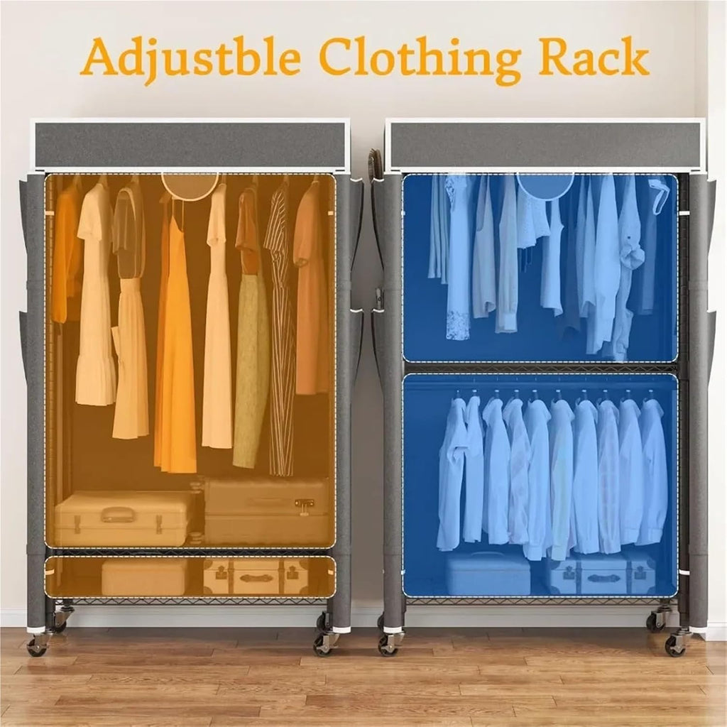 Portable Closet Rolling Garment Rack with Cover, Heavy Duty Clothing Rack for Hanging Clothes, Portable Closet Wardrobe with Adjustable Shelves(Black)
