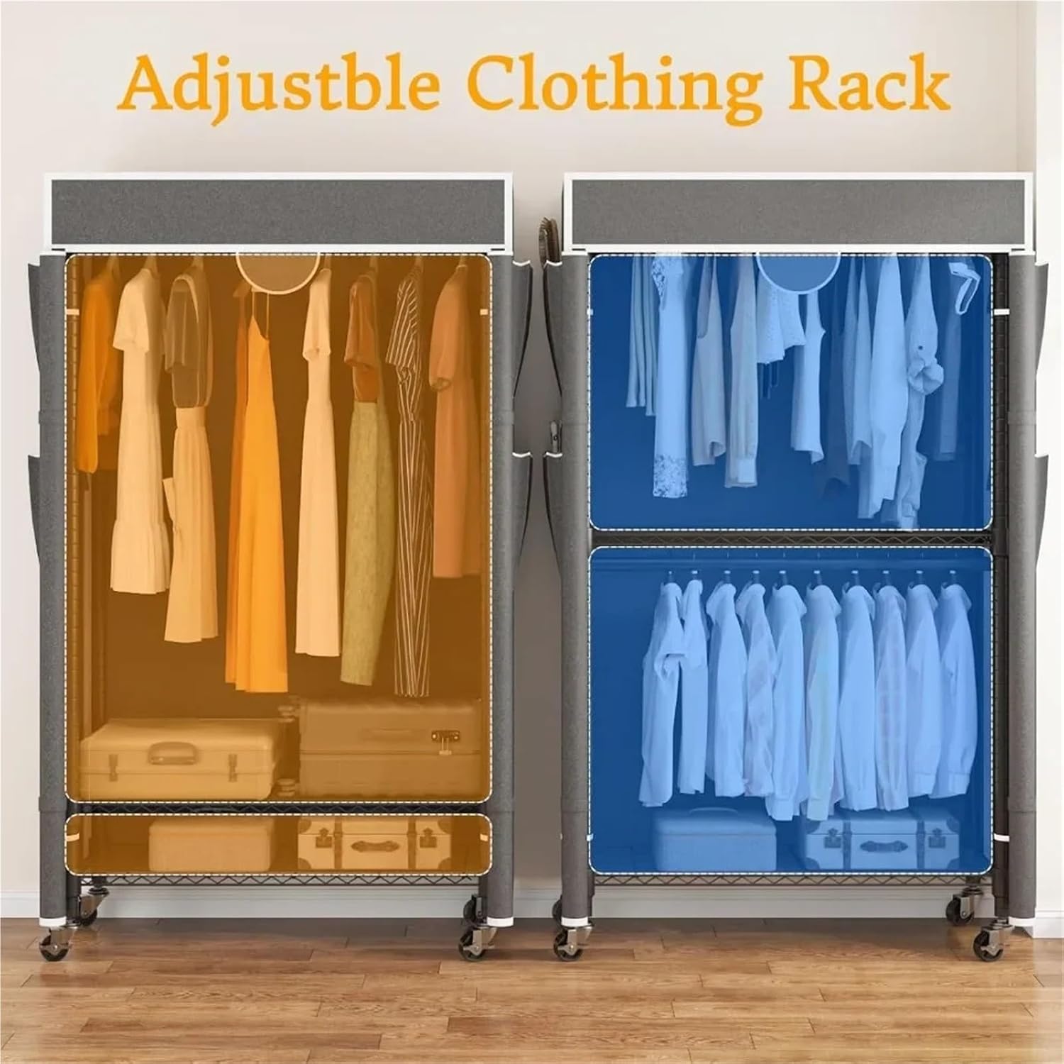 Portable Closet Rolling Garment Rack with Cover, Heavy Duty Clothing Rack for Hanging Clothes, Portable Closet Wardrobe with Adjustable Shelves(Gray)