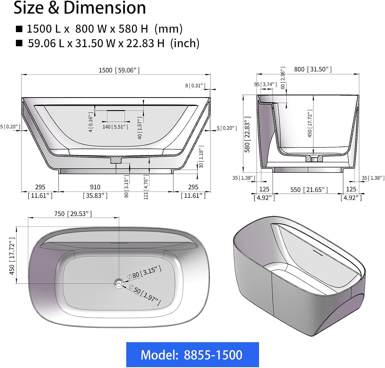 Cpingao 59' Acrylic Freestanding Bathtub, Contemporary Oval Shape Soaking Tub, Chrome Drain & Integrated Slotted Overflow Assembly Included, Glossy White