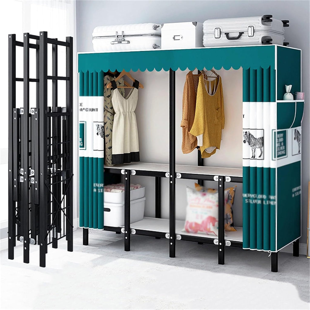 Folding Heavy Duty Clothes Rack With Cover,Large Portable Armoire Wardrobe Closet, Metal Frame Clothes Rack,One Piece Folding Design,for Bedroom Closet(110cm)