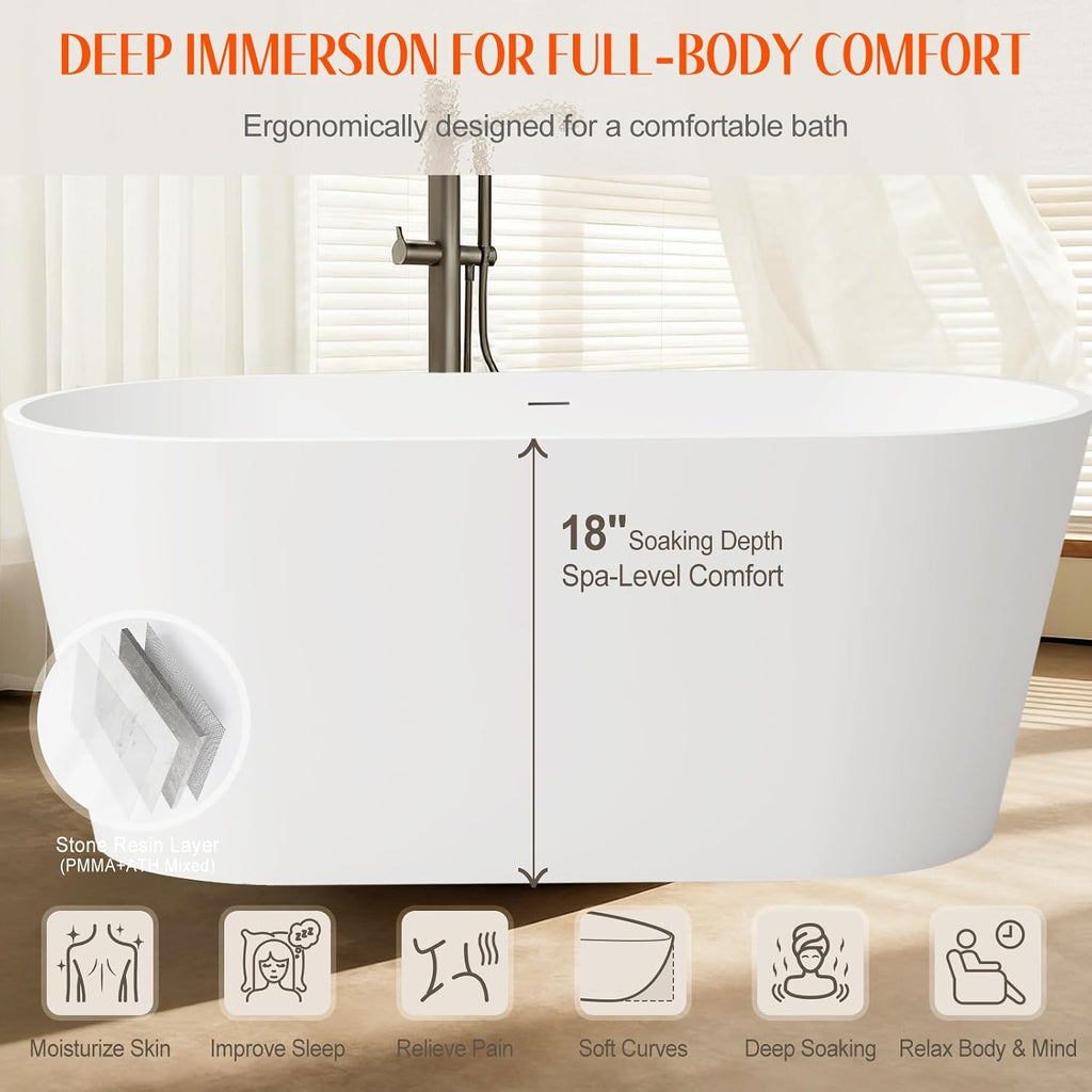 Stone Resin Freestanding Bathtubs,67'Solid Surface Matte White Modern Oval Upgrade 25mm ultra-thick edges Luxury Stand Alone Bathroom Bath Soaking Tub with Pop up Drain & Integrated Overflow