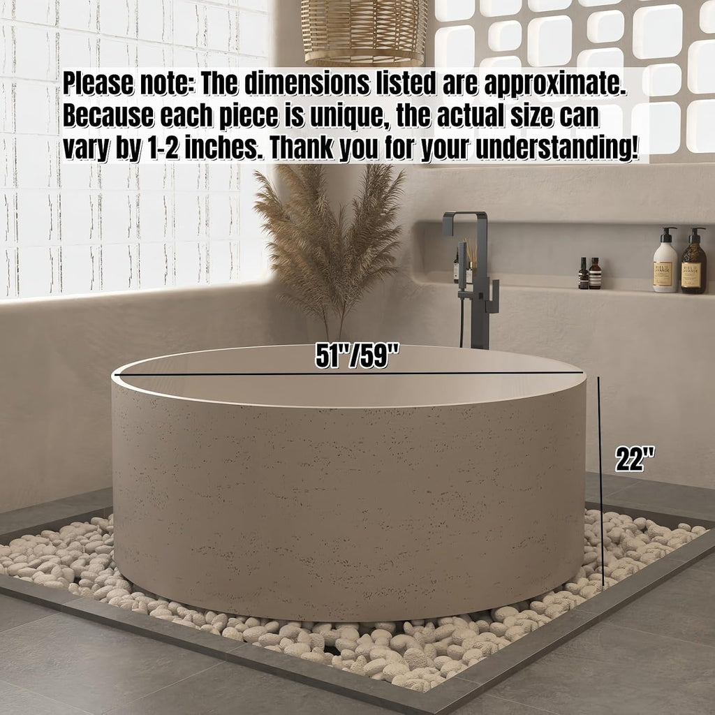 Freestanding Bathtub Round Soaking Tub, Solid Surface Bathtub Stand Alone Design, Extra Deep Ergonomic Soaker with Heat Retention for Luxury Bathrooms (51',Beige)