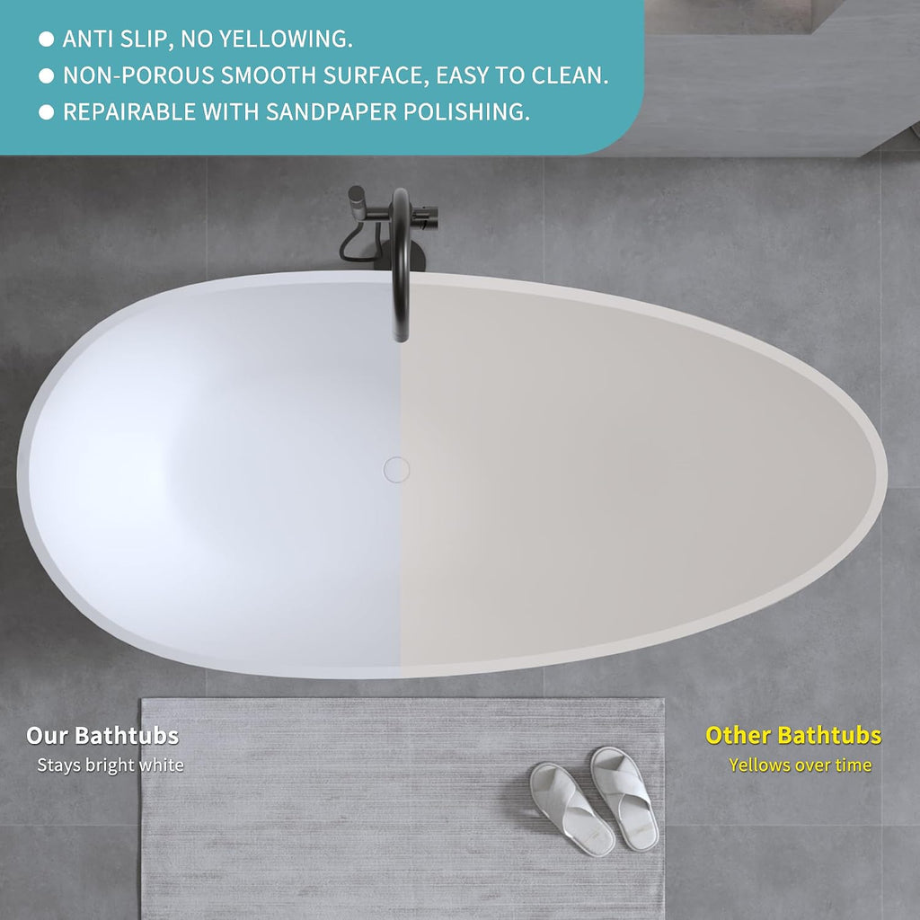 59' Freestanding Bathtub, Solid Surface Resin Stone Bathtub, Soaking Tub for Bathroom, Stand Alone Tub, Integrated Overflow and Drain, Matte White Oval