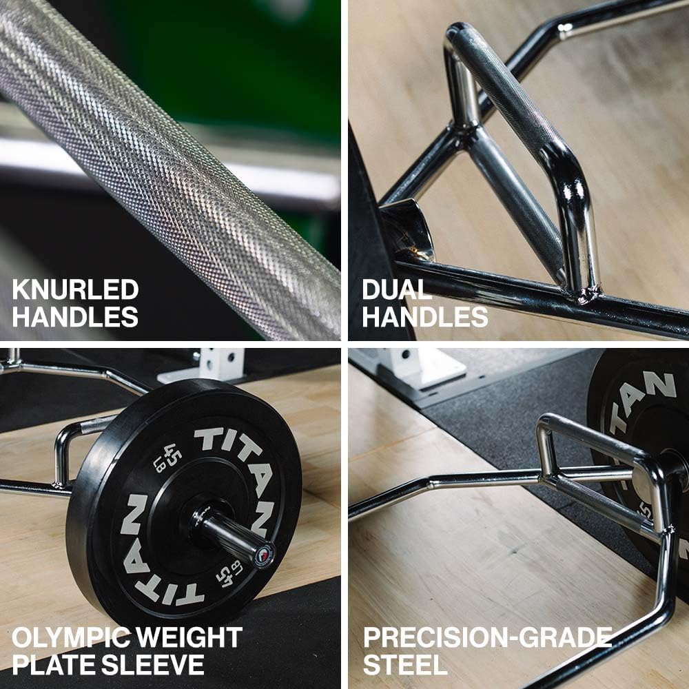 Titan Fitness Hex Trap Bar, Olympic Weightlifting Barbell, Rated 500 LB, Knurled Grips, Reduces Wrist, Back & Shoulder Strain During Deadlifts, Shrugs, Pulls, Bent Over Rows, Squat Jumps