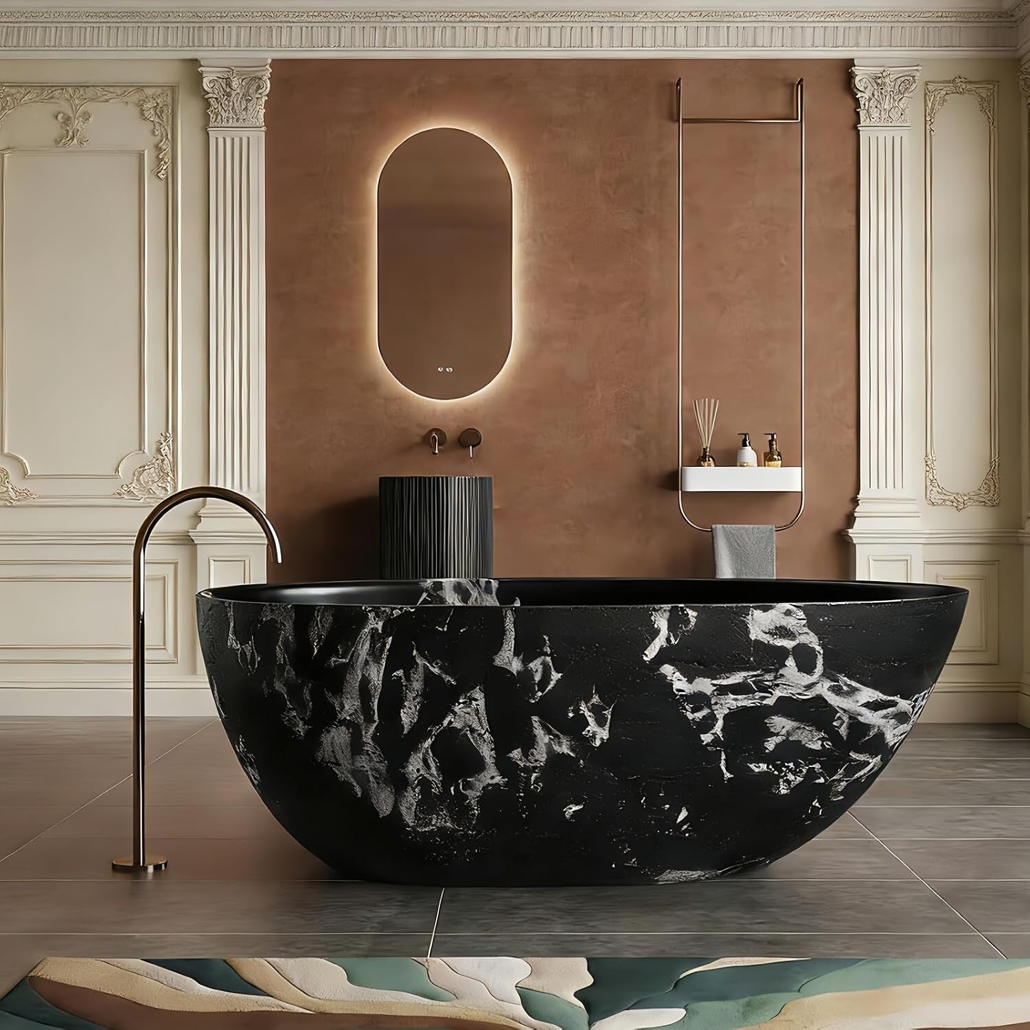59' Edeyeu Freestanding Bathtub - Solid Surface Soaking Tub With Natural Rock Texture Design, Extra Deep Stand Alone Tub, Ergonomic Free Standing Spa Bath For Luxury Hotel Or Villa, Black