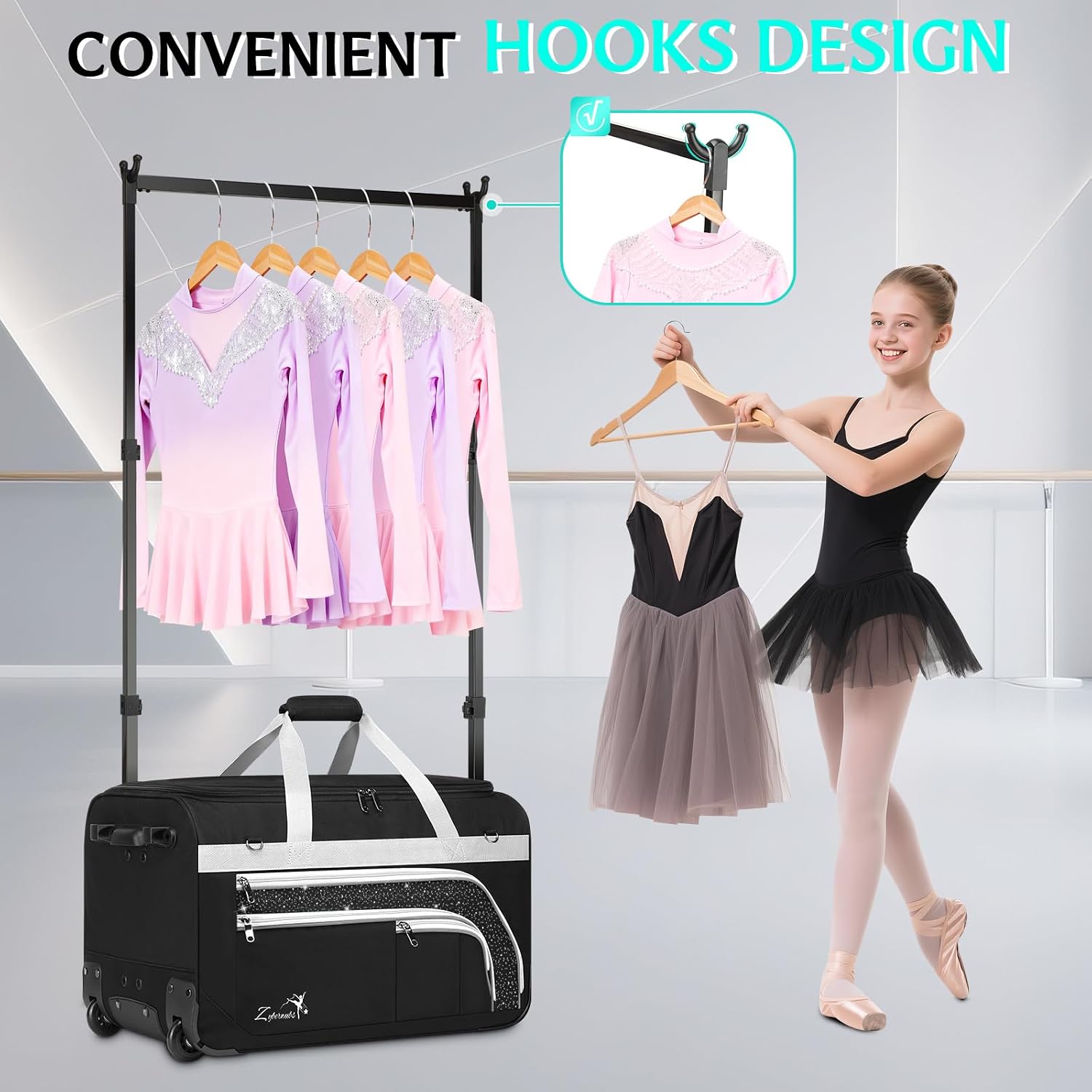 Dance Bag with Garment Rack - 28' Rolling Dance Competition Duffle Bag with Rack | Wheeled Dance Suitcase - Multiple Pockets for Dancers Cheerleader Athlete Travelers Livestreamer Cosplayer