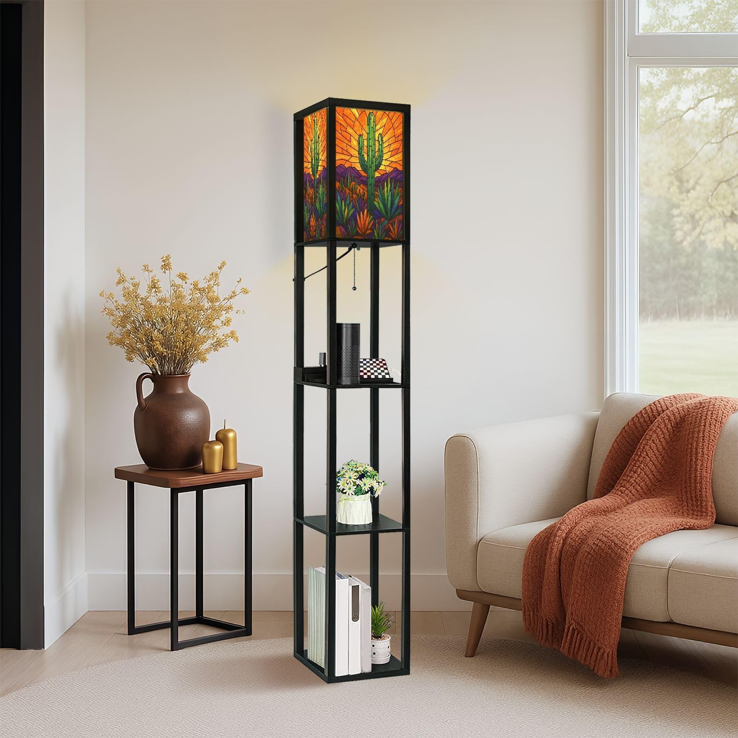 Floor Lamp with Shelves Geometric Western Cactus Stained Glass Design Standing Tall Lamp USB Ports & Power Outlet Modern Corner Lamp Nightstand Light for Living Room Bedroom