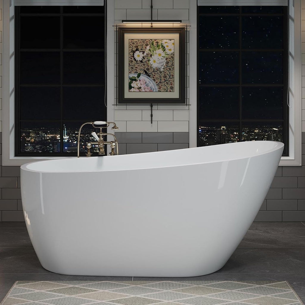 Acrylic Soaking Tub with Pop-up Drain & Integrated Overflow, Freestanding Bathtub with Double-Wall Insulation, Stand Alone Tub, Ergonomic, Easy Install (63')