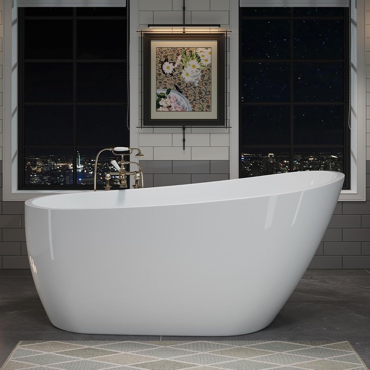 Acrylic Soaking Tub with Pop-up Drain & Integrated Overflow, Freestanding Bathtub with Double-Wall Insulation, Stand Alone Tub, Ergonomic, Easy Install (63')