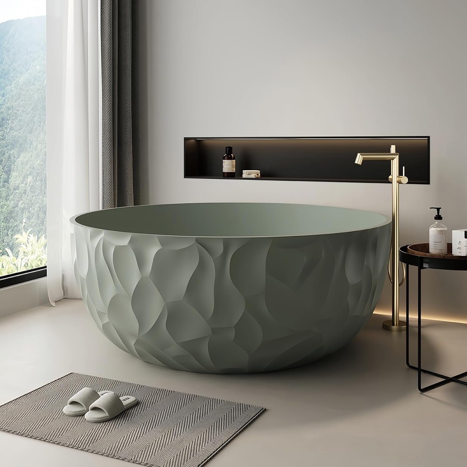 59' Edeyeu Freestanding Bathtub – Modern Solid Surface Bathtub With Ripple Design, Extra Deep Soaking Tub, Ergonomic Stand Alone Tub For Luxury Bathroom Spaces C