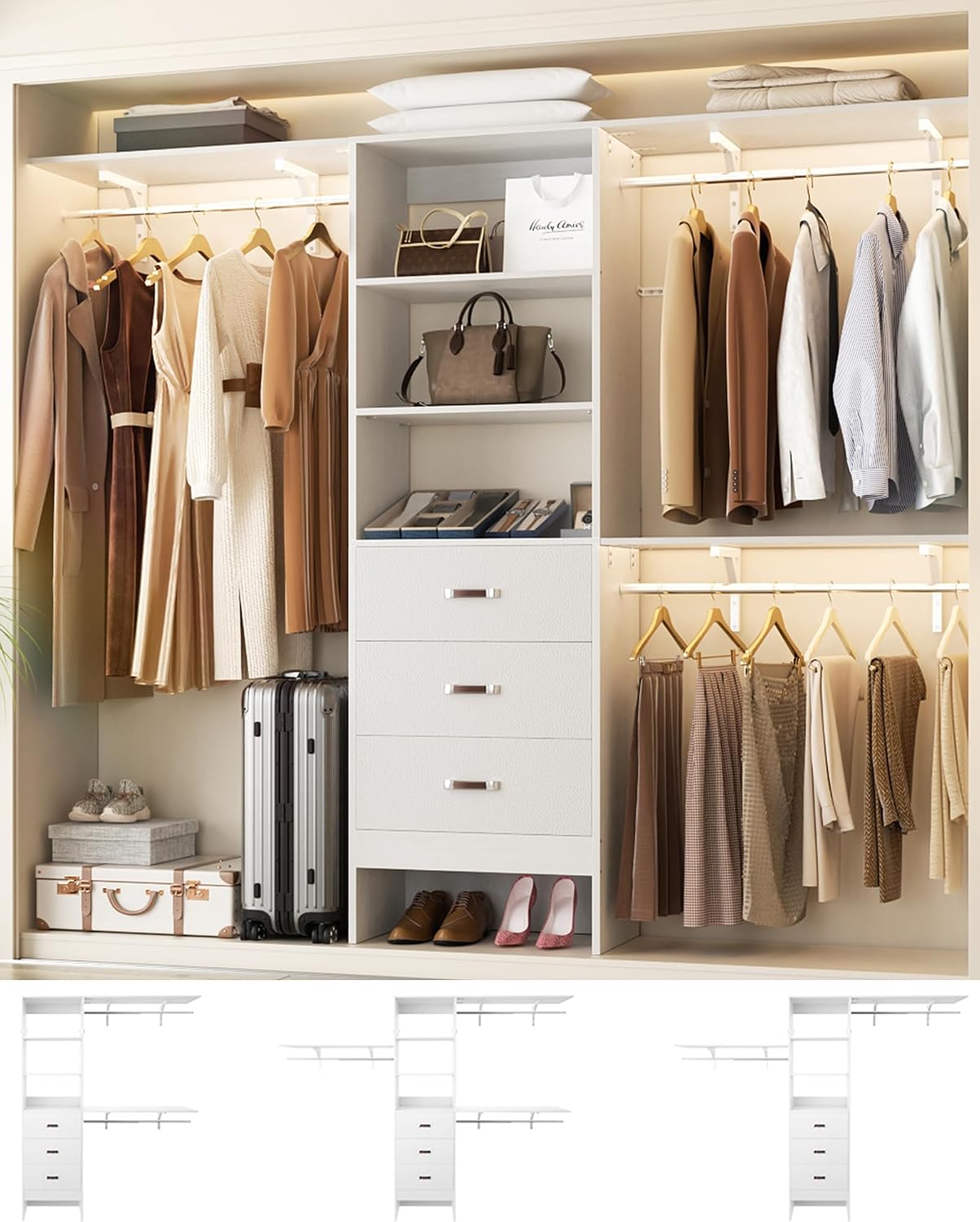 Closet System with 3 Drawers - 8FT Wood Closet Organizer with 3 Shelving Tower & Hanging Rods, 96' Walk-in Wardrobe Closet Organizer System for 4-8FT Spaces, Heavy Duty Garment Clothes Rack, White