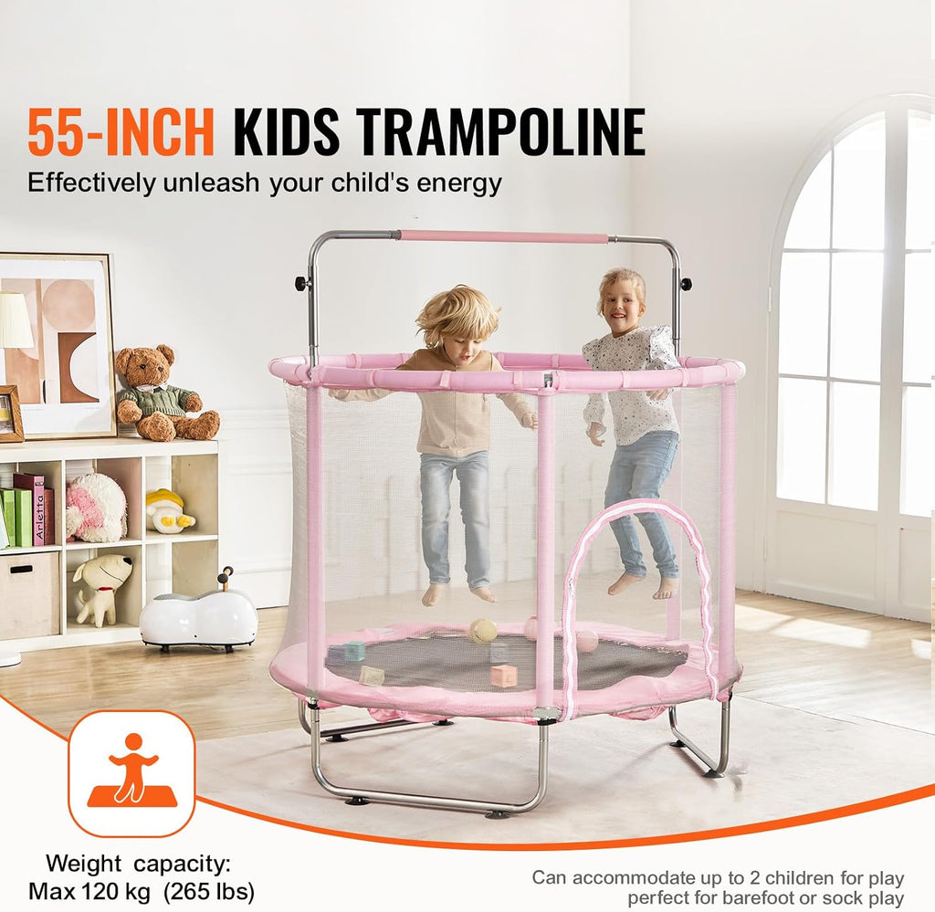 Happybuy 55' Kids Trampoline, 4.6FT Indoor Outdoor Trampoline, Mini Toddler Recreational Trampoline with Safety Enclosure Net and Basketball Hoop, Pink