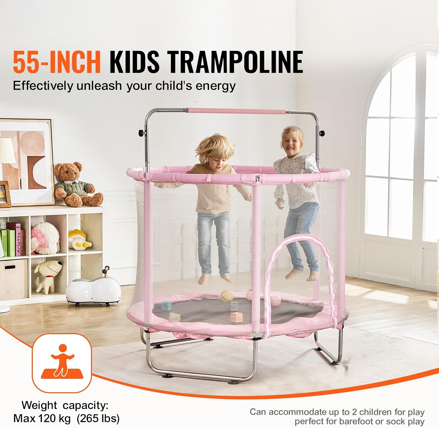Happybuy 55' Kids Trampoline, 4.6FT Indoor Outdoor Trampoline, Mini Toddler Recreational Trampoline with Safety Enclosure Net and Basketball Hoop, Pink