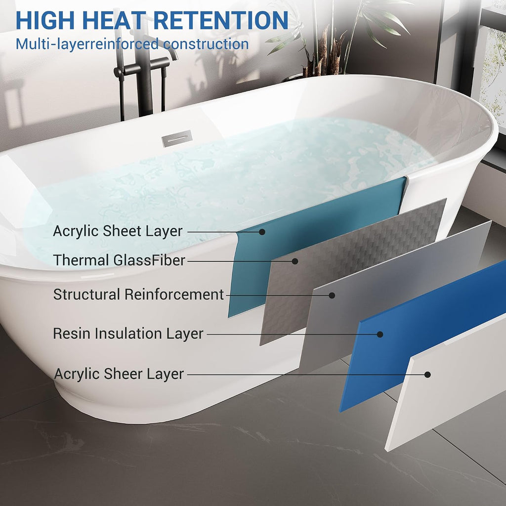 59 Inch Free Standing Tub, Modern Luxury Oval Soaking Tub, Acrylic Stand Alone Bathtub with Chrome Drain, White Finish for Contemporary Bathrooms