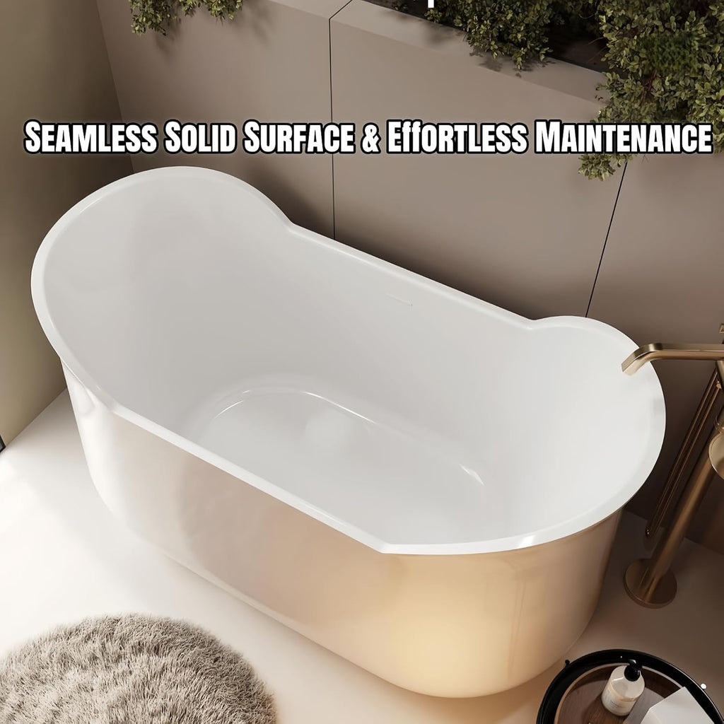 59' Edeyeu Freestanding Bathtub - Luxurious Solid Surface Soaking Tub, Extra Deep & Wide for Ultimate Relaxation, Durable Stand Alone Bath Crafted From Premium Acrylic Materials White A