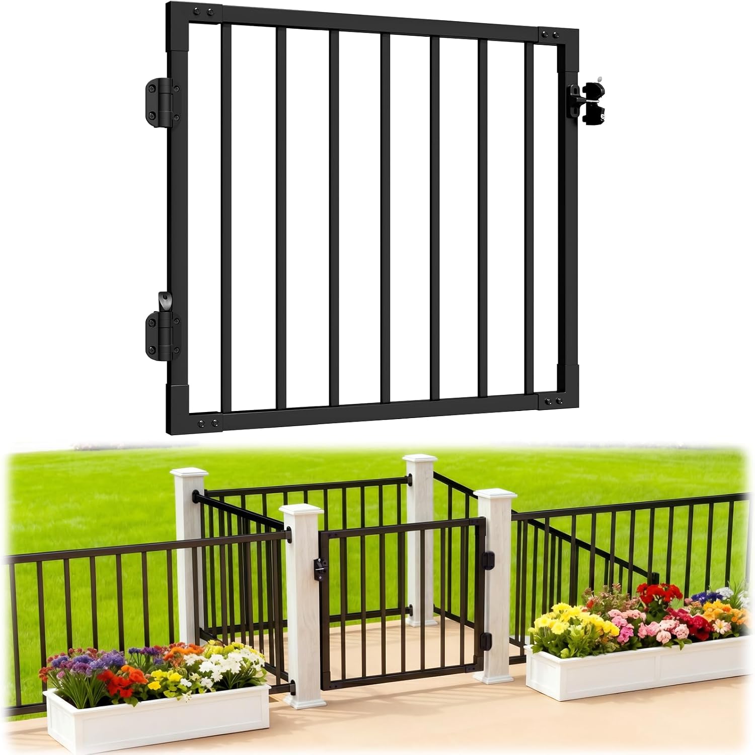 W.3ft x H.36in Outdoor Aluminum Deck Gate Kit, Cuttable Porch Gate with Latch and Auto-Close Hinge, AAMA 2604–Grade Texture Black Finish for Deck Railing, Patio, Porch, Garden & Yard