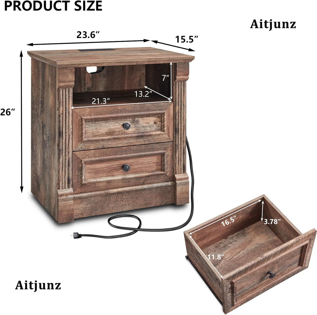 Aitjunz 26' Tall Nightstand with Charging Station, Farmhouse 23.6' Wide Large End Table w/Roman Column, Wood Rustic Side Table w/Open Shelf, 2 Drawers Dresser for Bedroom, Living Room, Light Brown