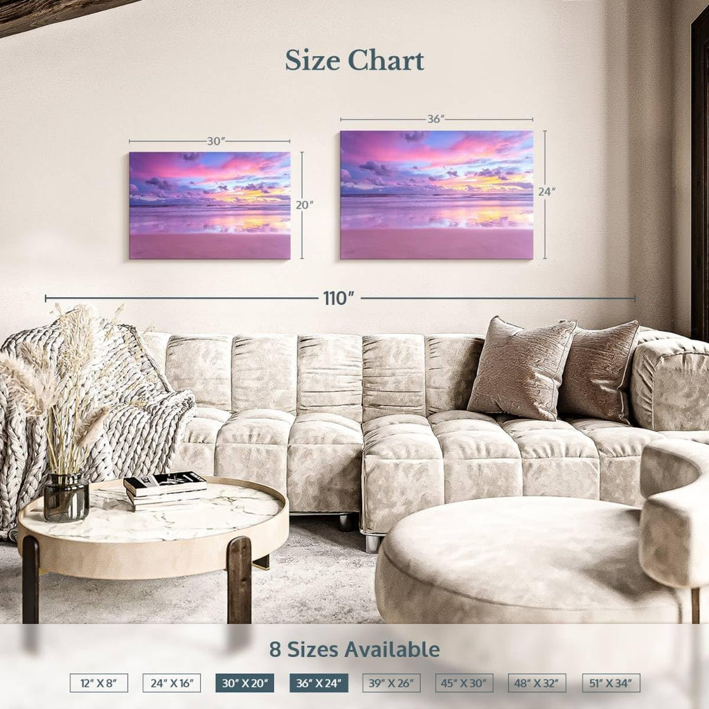 ElephantStock Cotton Candy Beach Sunrise Wall Art - Horizontal Wrapped Canvas - 1-Piece Living Room Wall Decor - Photography Beach Canvas Print - Purple and Pink Decor for Wall - 36' X 24'
