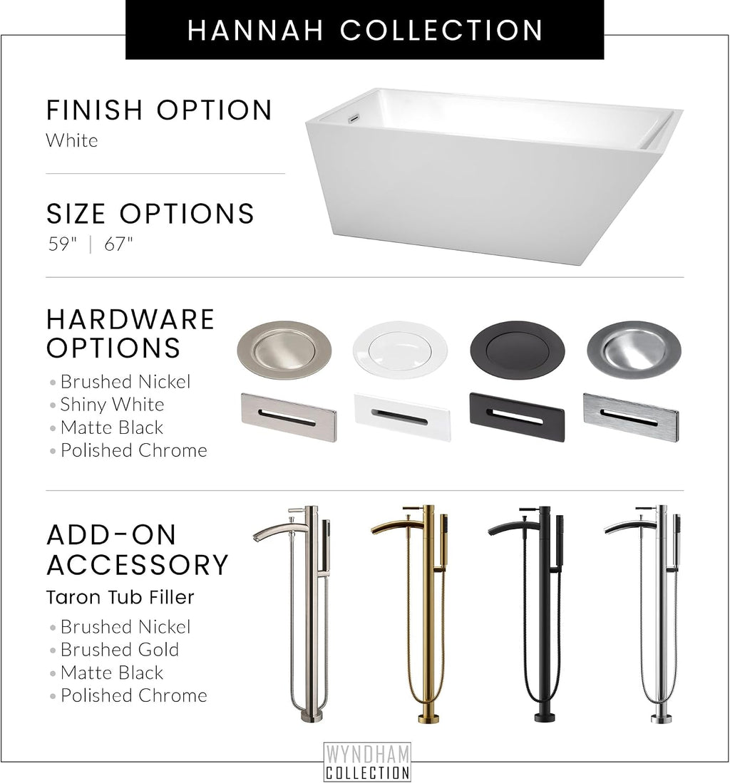 Hannah 59 Inch Freestanding Bathtub in White with Polished Chrome Trim and Floor Mounted Faucet in Matte Black