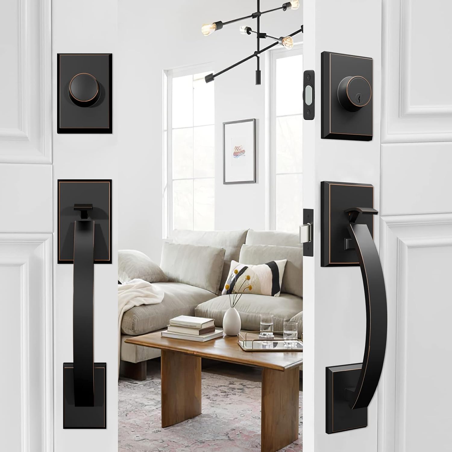 Door Handle Sets Double Front Door Handle Set with Handle Lever Oil-Rubbed Bronze Double Door Handleset with Dummy Front Door Lock Set Double Door Handles for Front Door or Office Door