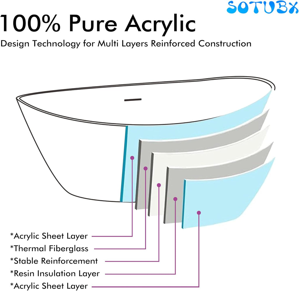 Acrylic Freestanding Contemporary Soaking Tub A19-59 Series 59' Bathtub White Modern Stand Alone Tub with Overflow and Pop-up Drain