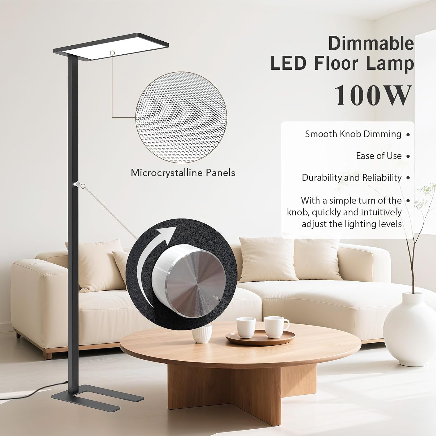 100W LED Floor Lamp, 76.8' Tall Reading Light, 9000LM Knob Dimming Standing Lamp, Full Spectrum Eye Care Reading Lamp, 4000K Natural Daylight for Study Room, Office, Living Room, Bedroom (Black)