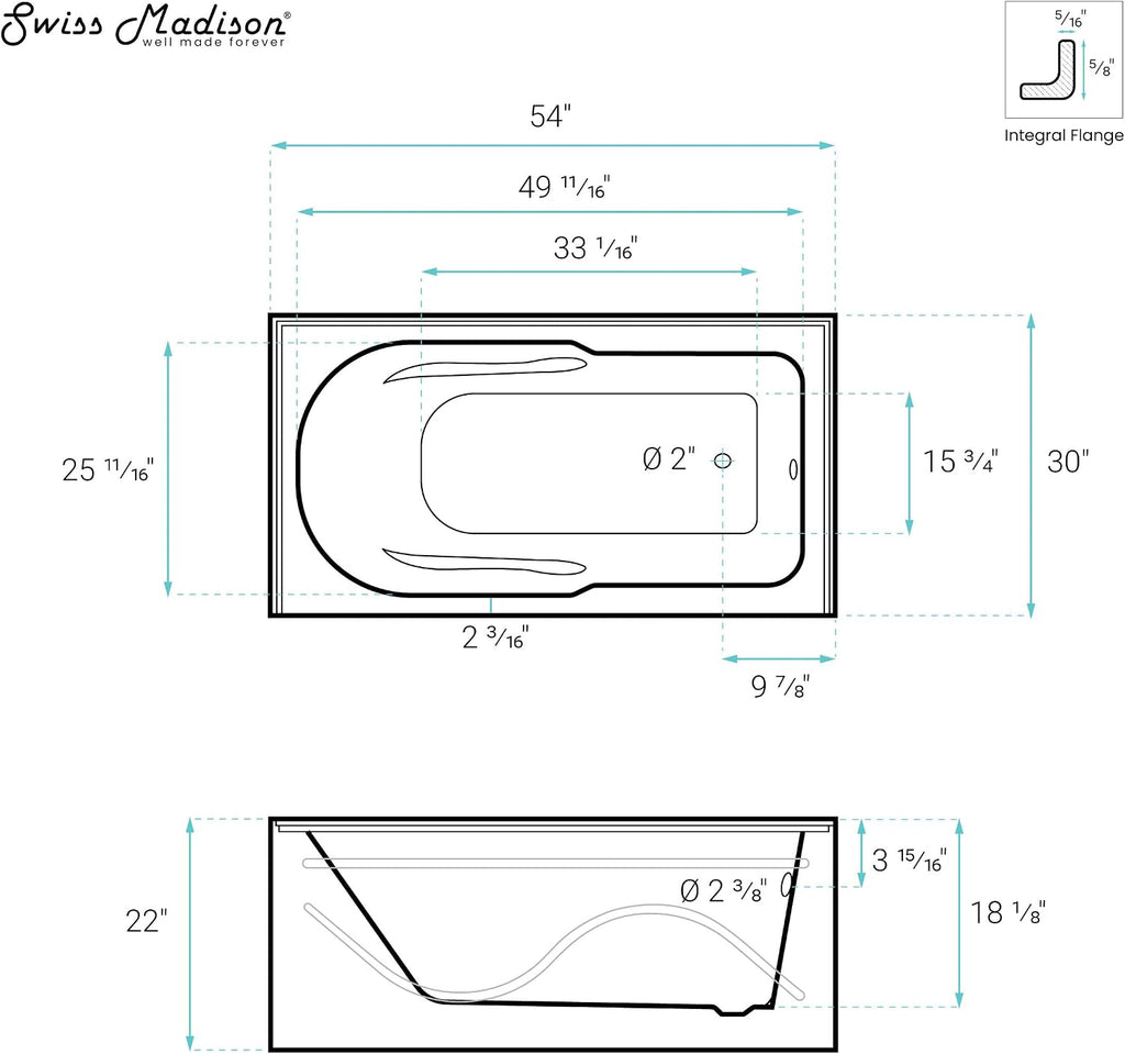 Dieppe 54'' x 30 Bathtub with Apron Right Hand Drain in White