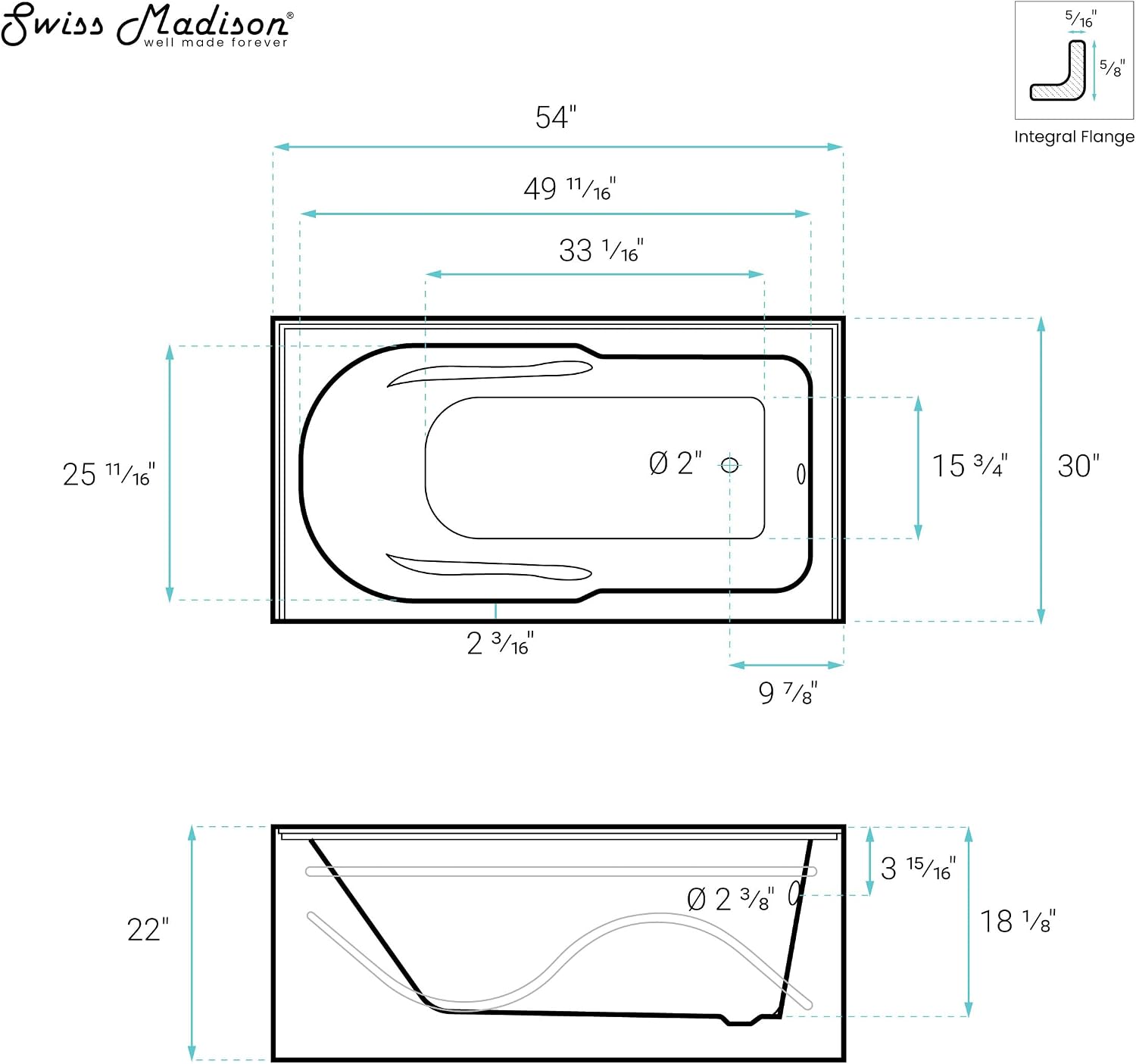 Dieppe 54'' x 30 Bathtub with Apron Right Hand Drain in White