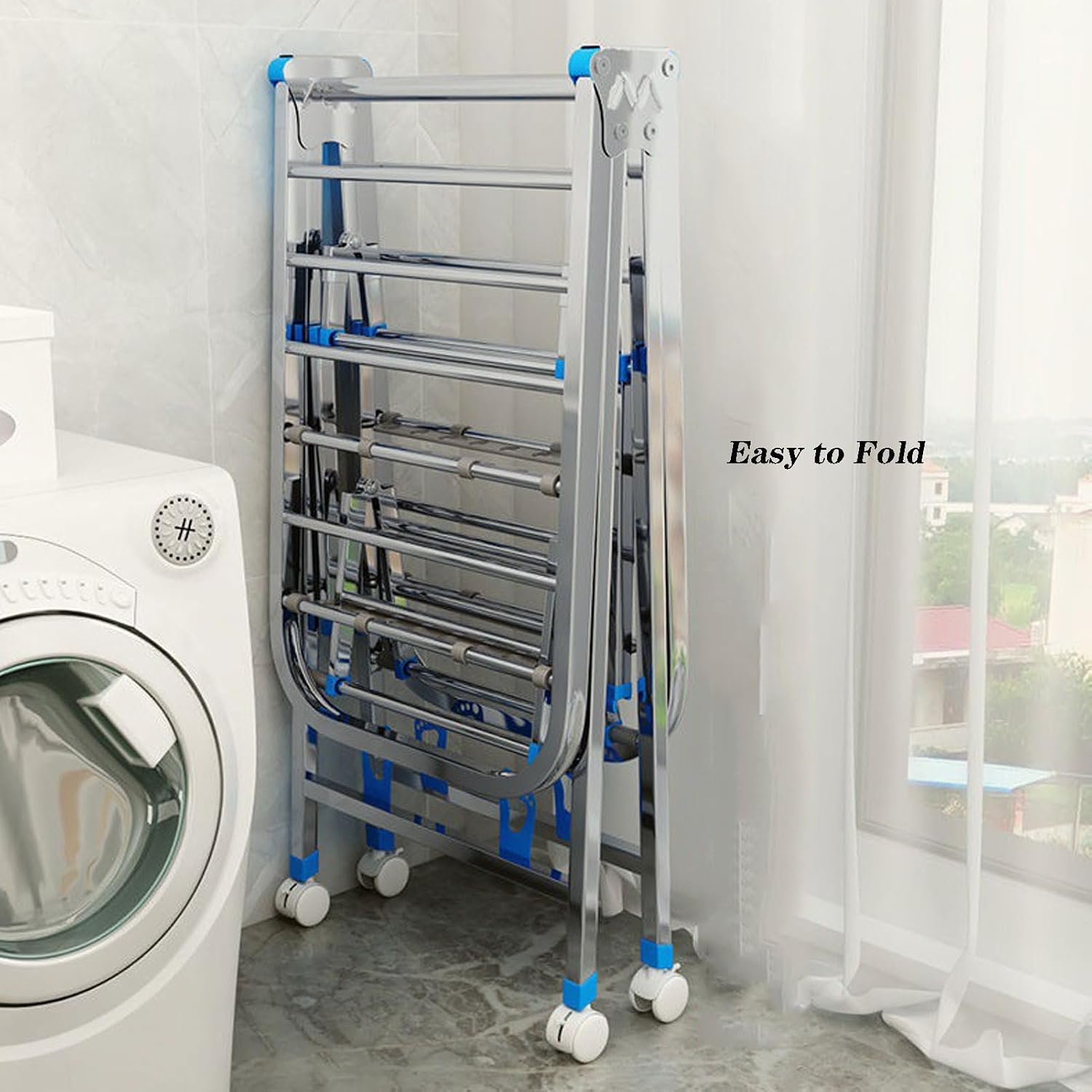 Clothes Drying Racks for Laundry Foldable,Rolling Garment Rack Heavy Duty with Wheels,Laundry Stand Organizer Stainless Steel,Clothes Dryer Racks for Laundry(170cm/67in)