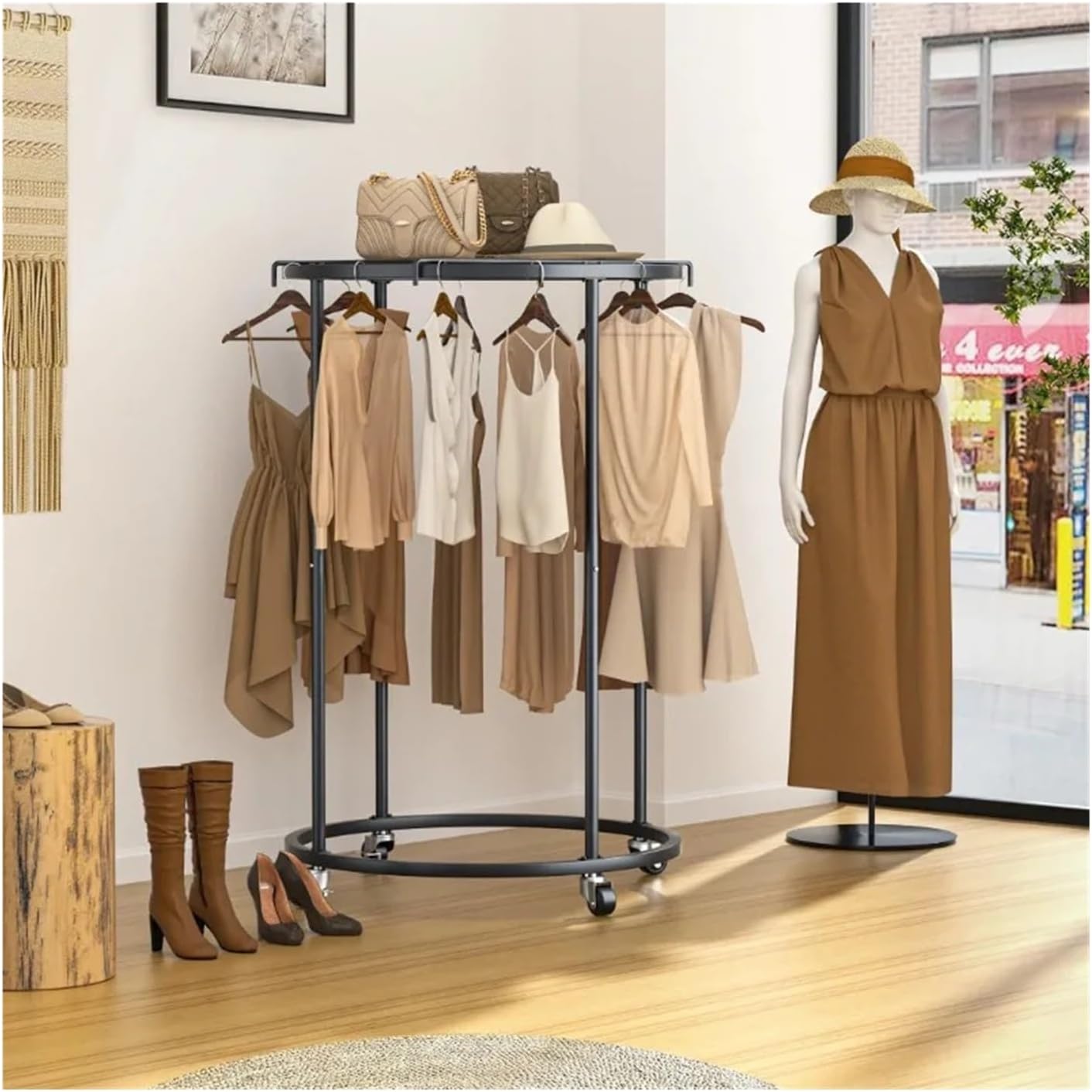 Rolling Clothing Rack Clothing Garment Rack Round Clothes Rack with 4 Universal Wheels(Color1)
