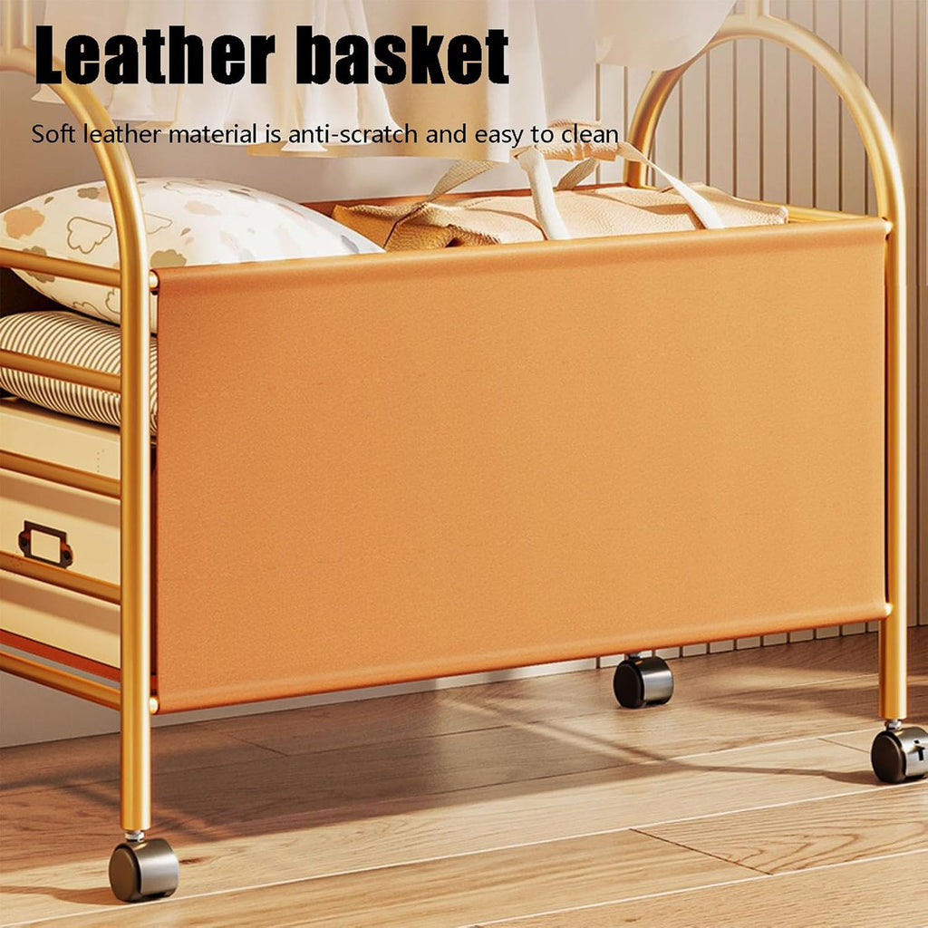 3-in-1 Metal Clothes Rack, 173cm Heavy Duty Glod Rolling Garment Rack with PU leather Basket Clothes Racks for Hanging Clothes Clothes Storage and Display