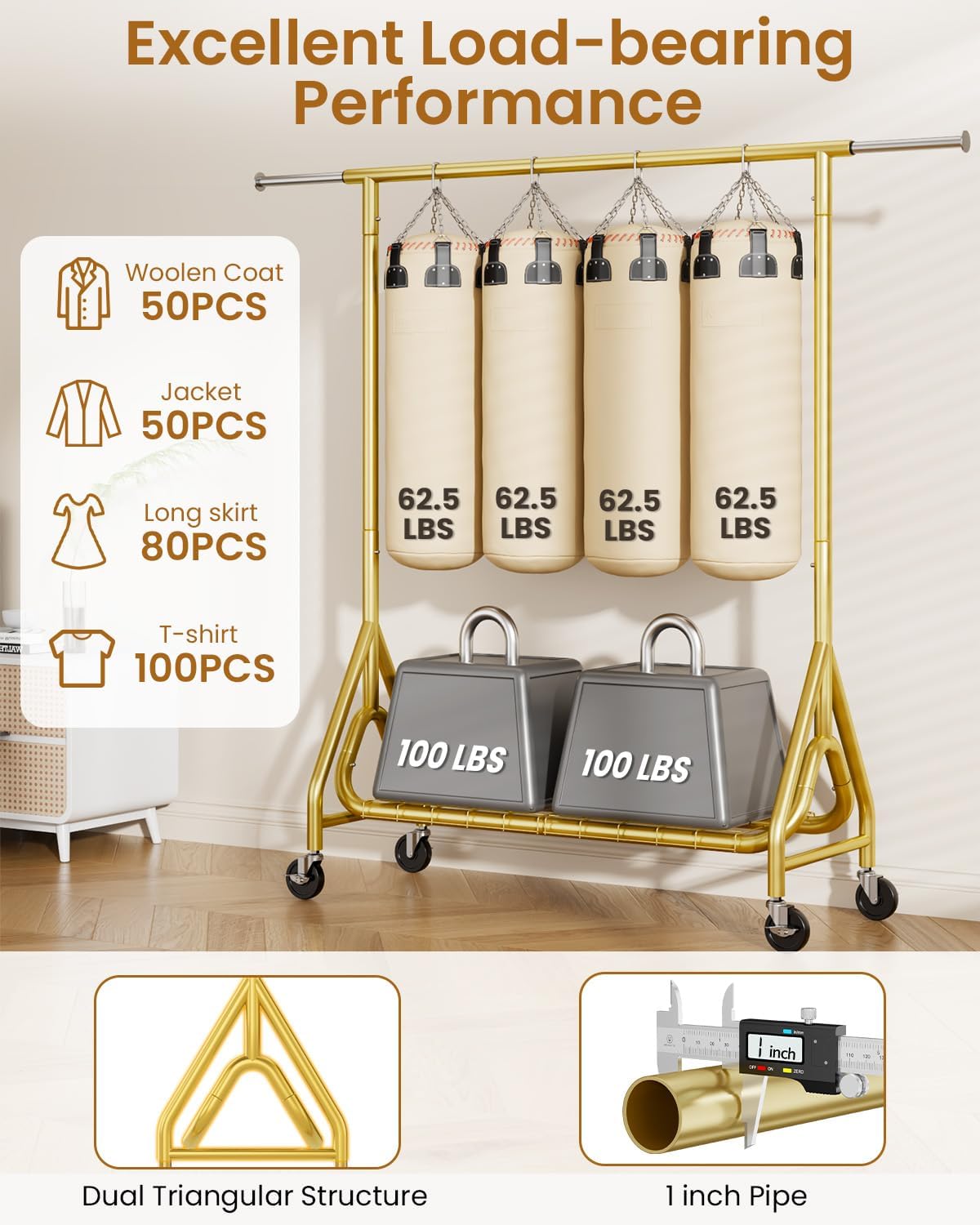 Heavy Duty Clothes Rack, Metal Clothing Rack Load 450 LBS, Rolling Coat Racks for Hanging Clothes with Lockable Wheels, Silver+Gold